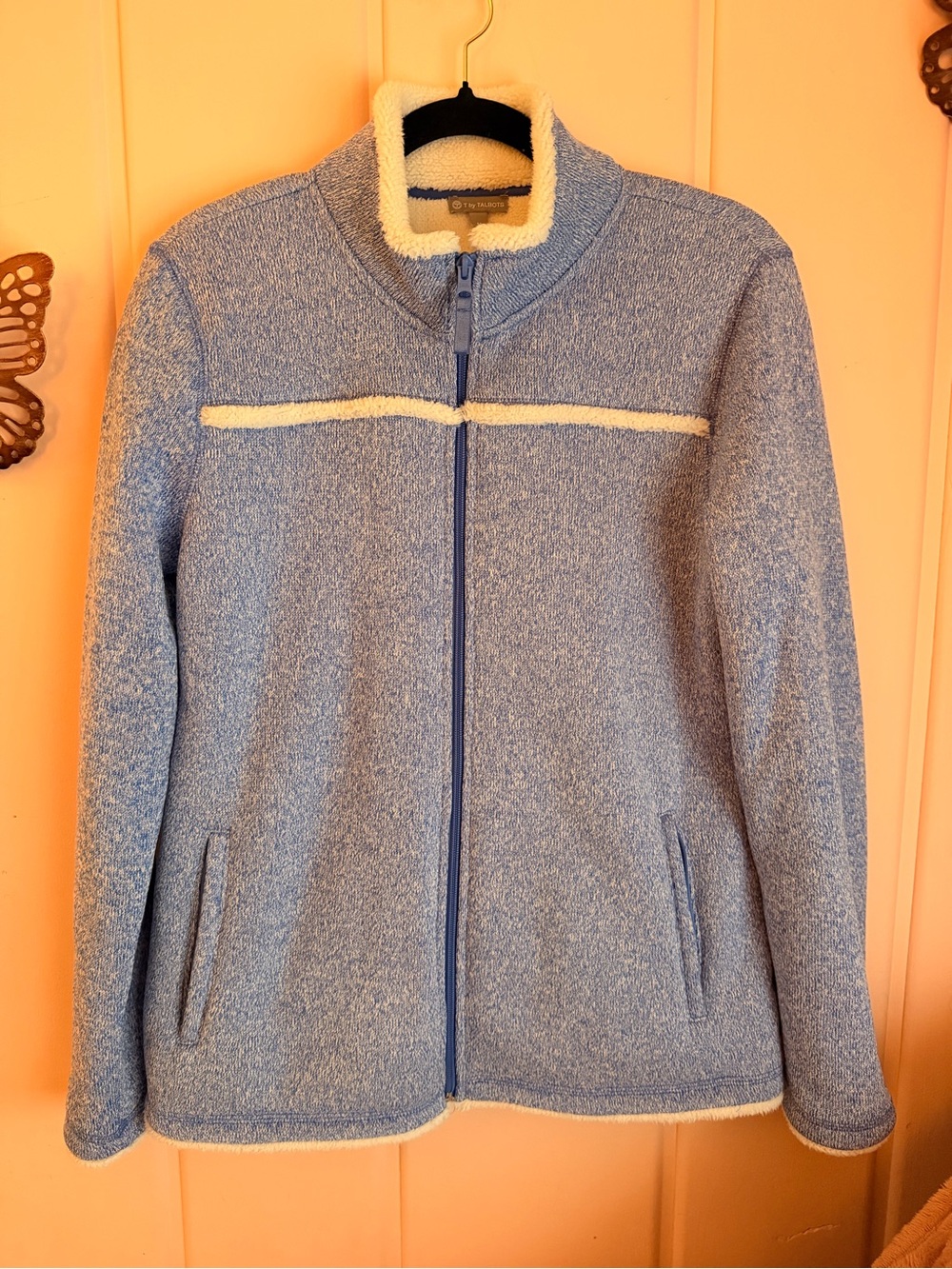 Talbots Blue Zip-Front Teddy Jacket with Cream Trim szM